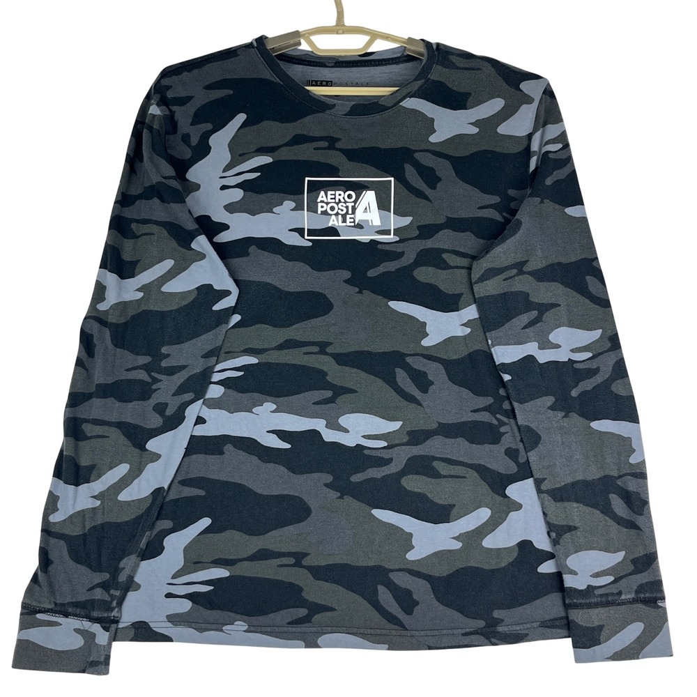 Aeropostale T-Shirt Mens Large (L) Camo Grey Black Long Sleeve Logo‎ Graphic